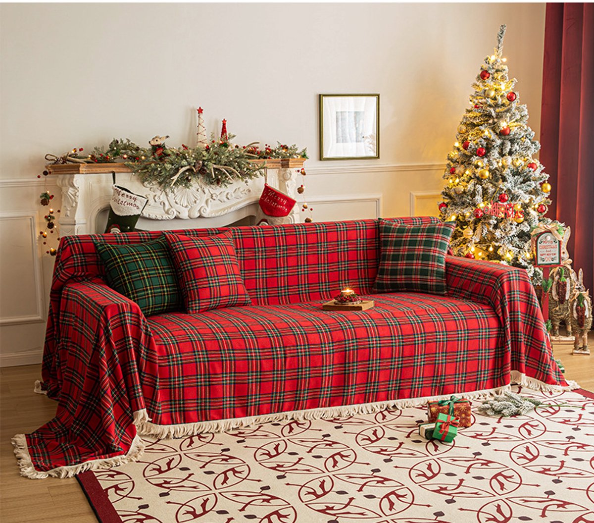 Qelus Rood Kerst Ruiten Sofadeken met Franjes - 180x340 cm - Zachte en Veelzijdige Deken - Kerstversiering voor Bank en Bed