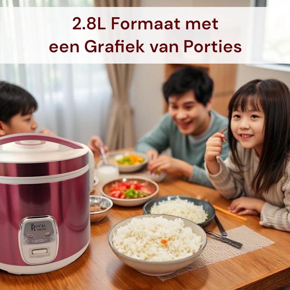 Royal Swiss – Rijstkoker 2.8L – Elektrische Rijstkoker in Donkerrode Kleur – Antiaanbaklaag, Warmhoudfunctie & Stoommandje thumbnail 2