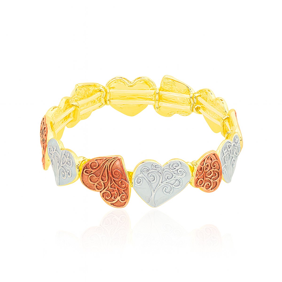 Milieuvriendelijke Hartvormige Rekbare Armband in Rood, Blauw en Goud met Gegraveerde Motieven