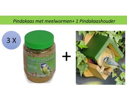 Bird-Feeder - 3 Potten Pindakaas voor Vogels met Meelwormen + 1 VoederHuisje voor Pindakaaspot - Tuin Vogelvoeder Top Product - Zonder zout!