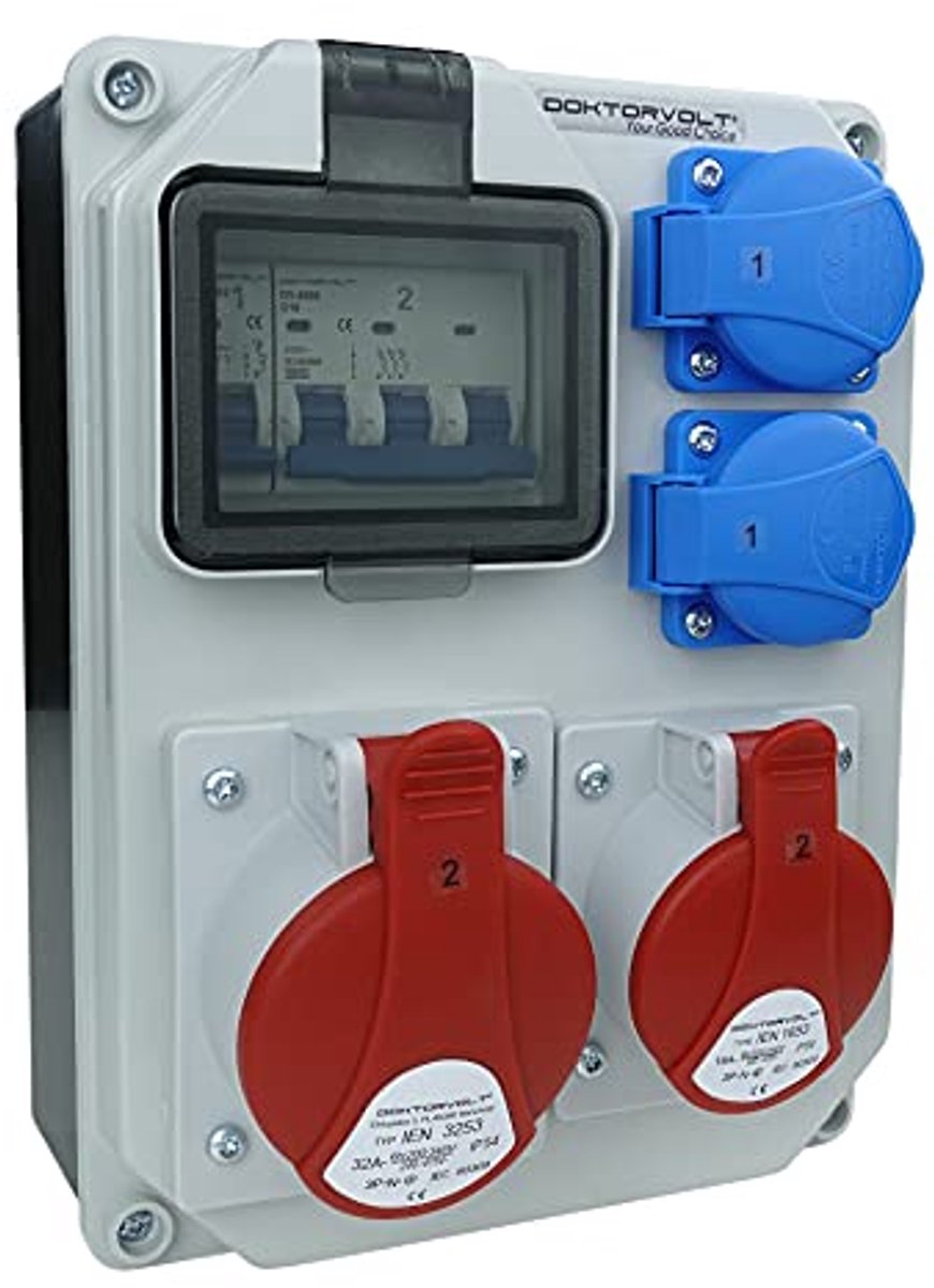 Stroomverdeler 32A 16A 2x230V met Schuko stopcontacten voor bouw en industrie