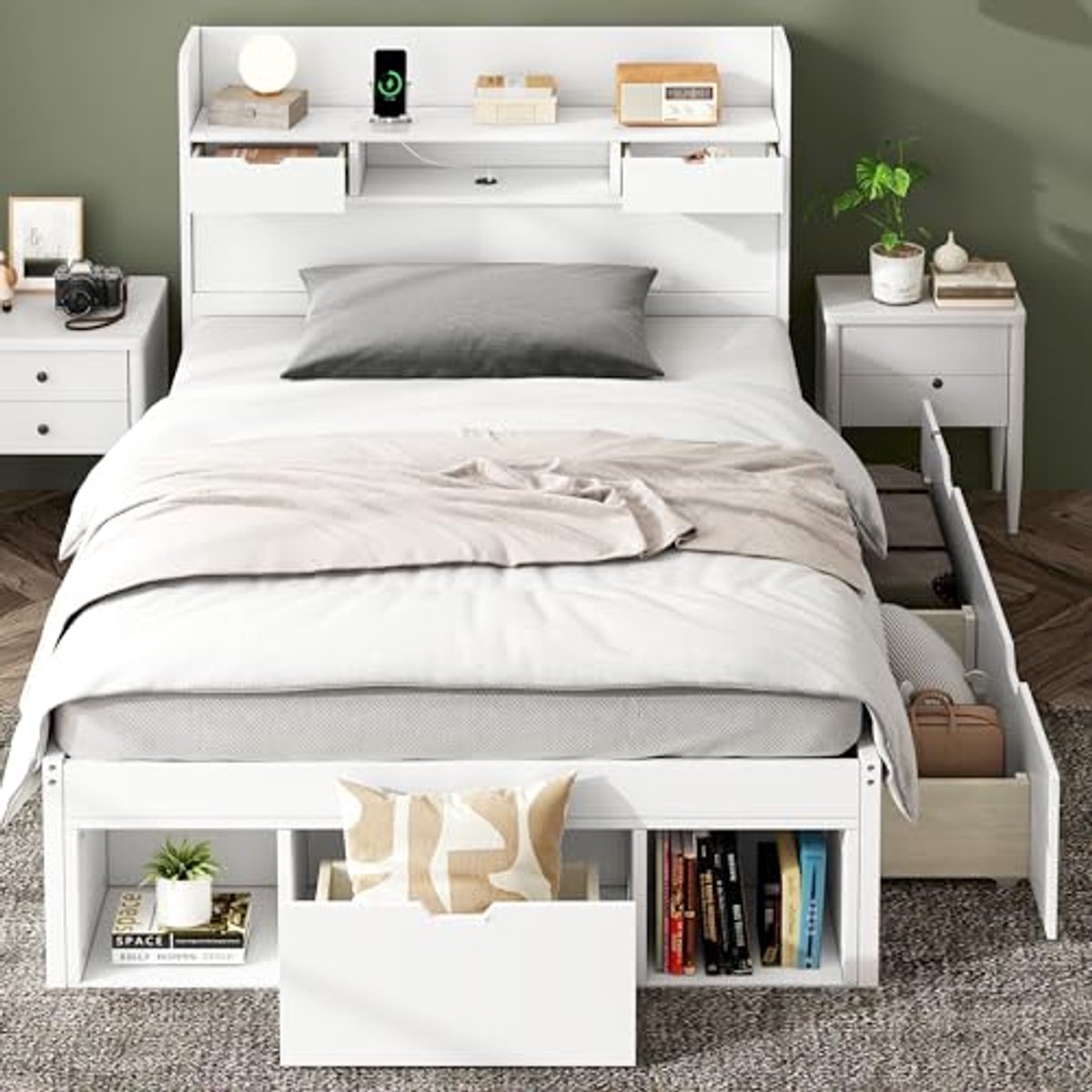 Multifunctioneel Eenpersoonsbed 90x200 met USB-poort en Opbergmogelijkheden