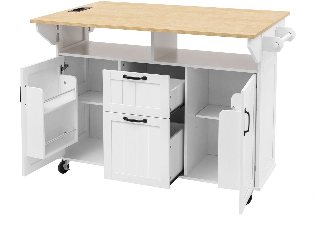 Merax Keukenwagen met Uittrekbare Tafel - Verrijdbare Keuken Trolley met Lades en Handdoekhouder - Keukeneiland met Stopcontacten USB en USB-C - Wit met Houten Blad - 120×40–80×92 cm