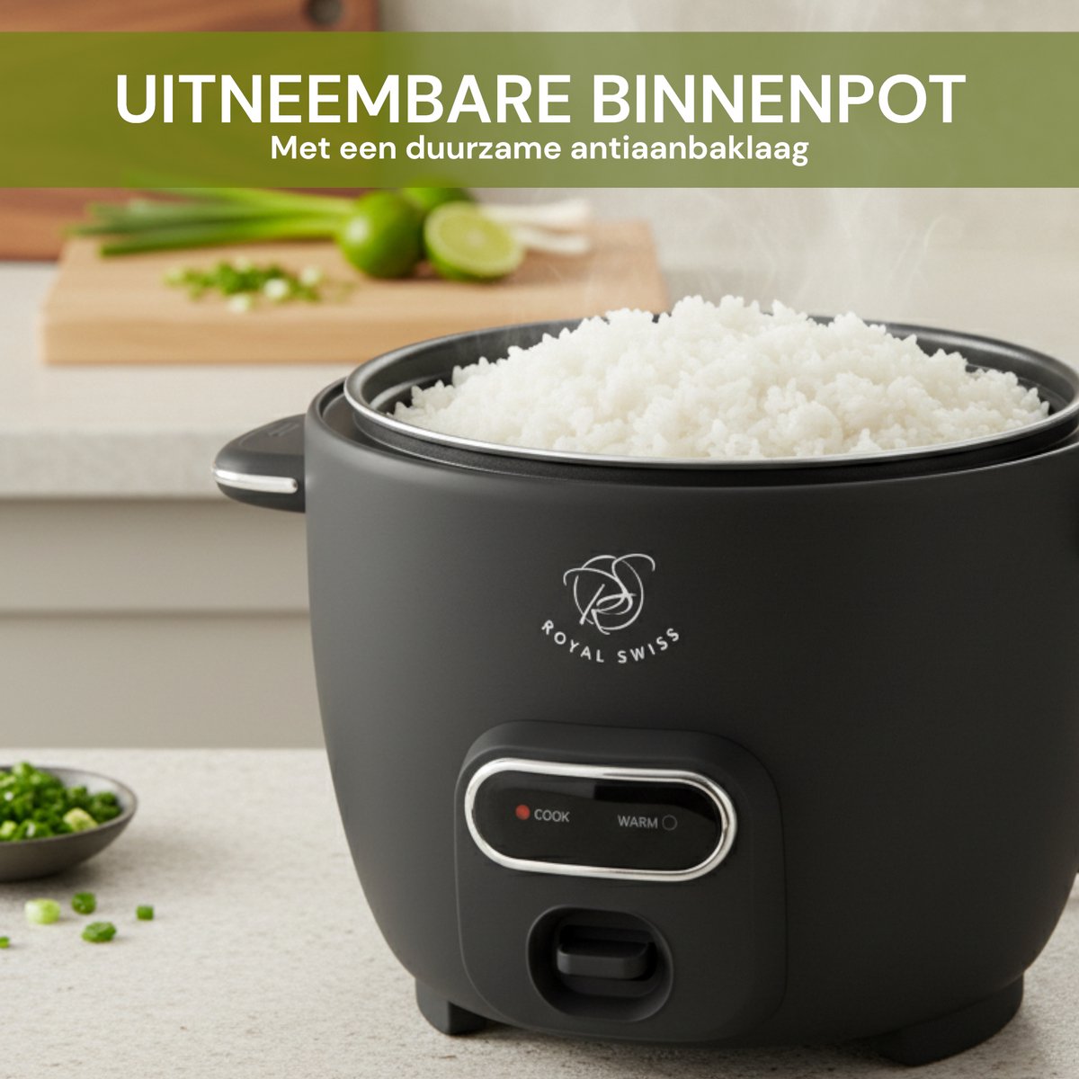 Royal Swiss® Rijstkoker – 1.8L – 650W – Glazen Deksel – Anti-aanbak Binnenpan – Inclusief Rijstlepel & Maatbeker thumbnail 3