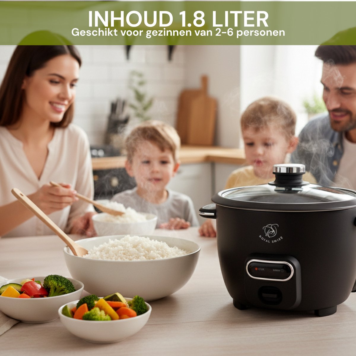 Royal Swiss® Rijstkoker – 1.8L – 650W – Glazen Deksel – Anti-aanbak Binnenpan – Inclusief Rijstlepel & Maatbeker thumbnail 2