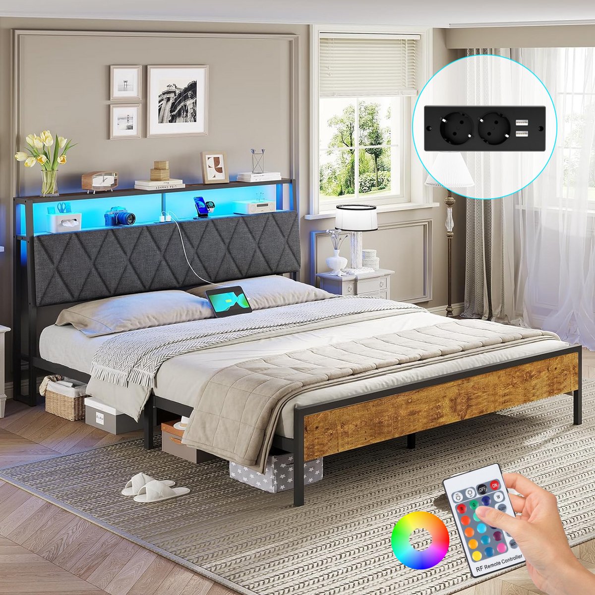 Tweepersoonsbed 140x190 cm - Stevig Metalen Bedframe - Jeugdbed met LED Verlichting - Stopcontacten, USB & Type-C Poorten - Hoofdbord met Opbergruimte - Donkergrijs Linnen - Modern & Duurzaam Design