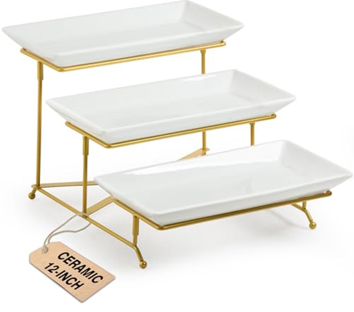 Porcelain Serving Bowl Set with 3-Tier Platters and Collapsible Rack for Entertaining
