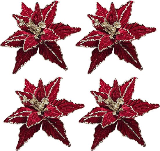 4 Glitter Kerstversieringen Rode Bloemen - Kerstversiering - Kunstmatige Fluwelen Kerstbloemen - Geschikt voor Kerstbomen, Slingers, Festivals, Bruiloften, Feesten, Nieuwjaarsversieringen - 26cm