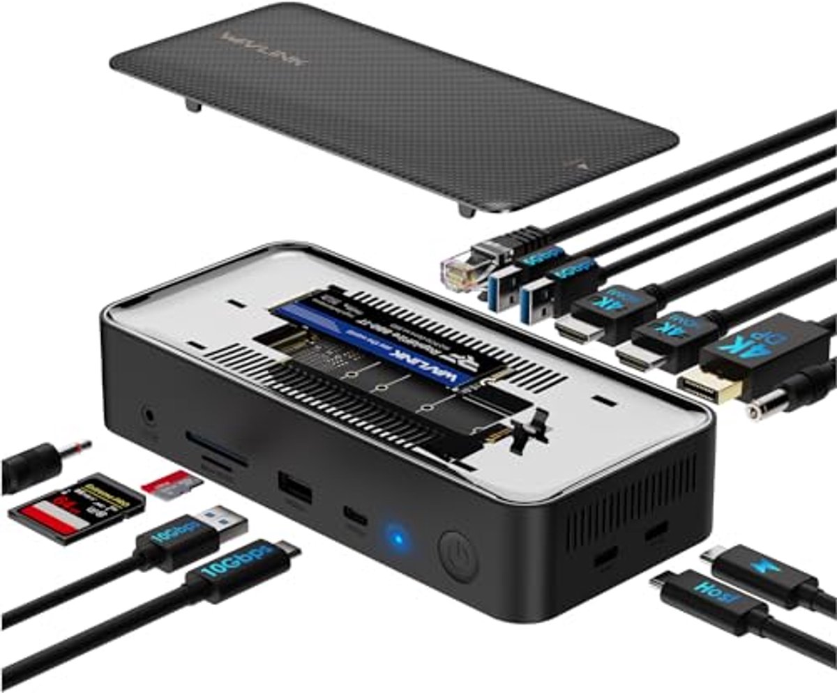 USB C Docking Station met 3 Monitoren en 10 Gbps M.2 PCIe/SATA SSD-behuizing