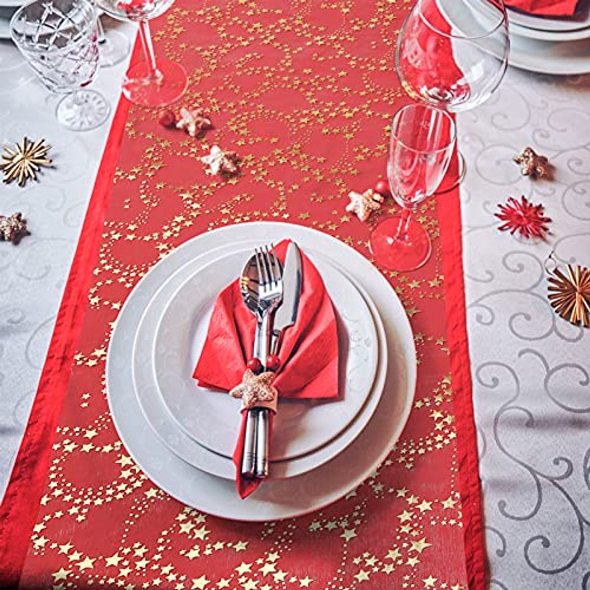 Tafelloper met Sterren en Goud voor Kerstmis - Organza Tafeldecoratie