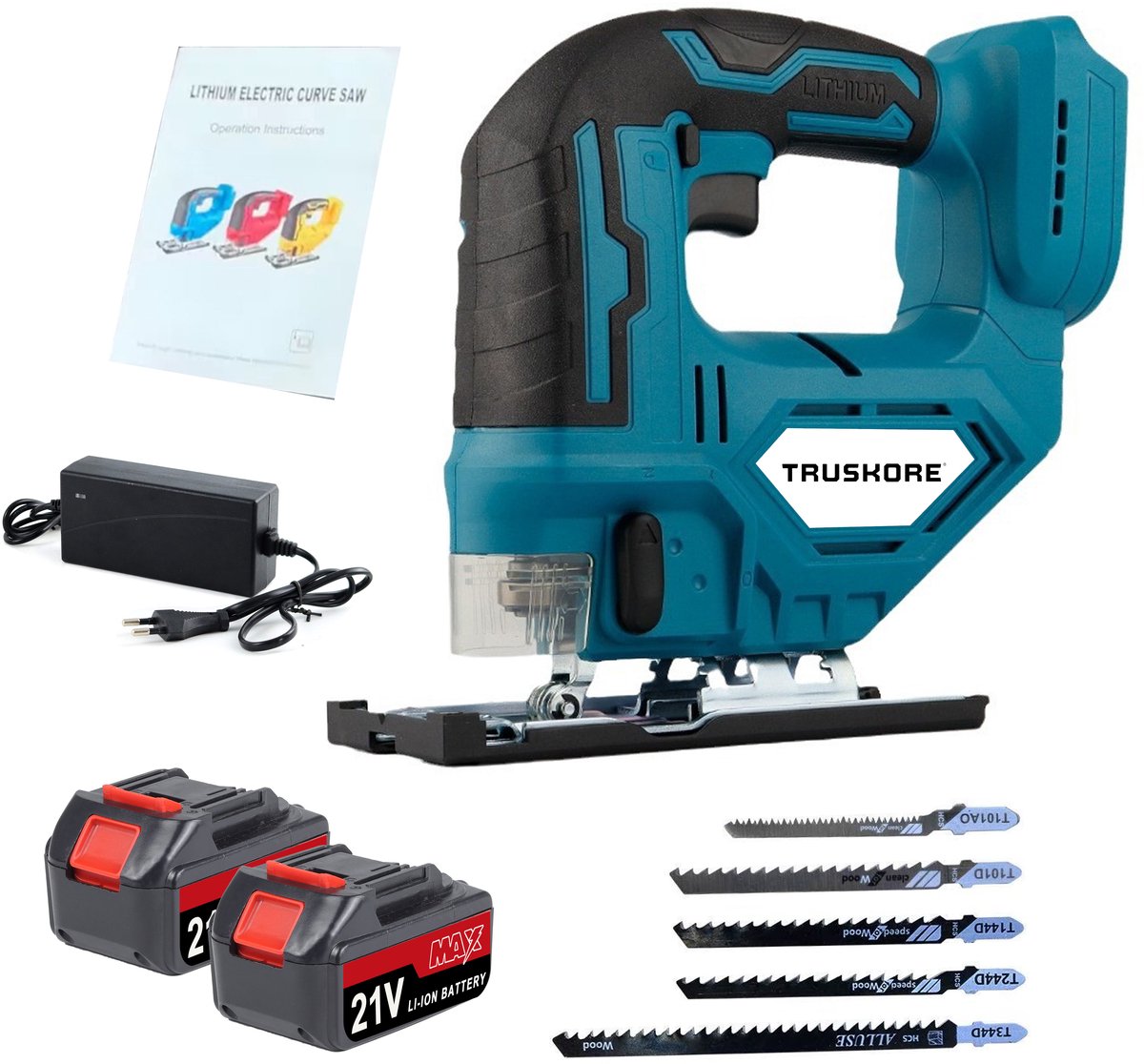 TRUSKORE 21V Accu Decoupeerzaag – Incl. 2x Accu & Oplader – 5 Zaagbladen – Variabele Snelheid – Draadloos & Ergonomisch - Zaagdiepte 65 mm - Voor Hout, Metaal & Kunststof
