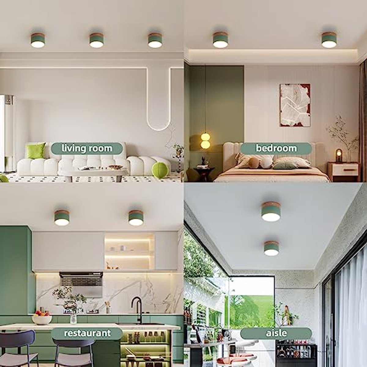 LED Plafondlamp - Houten Opbouwspot - Mini Ronde Groene Plafondverlichting - Warm Wit 3000K - 12W