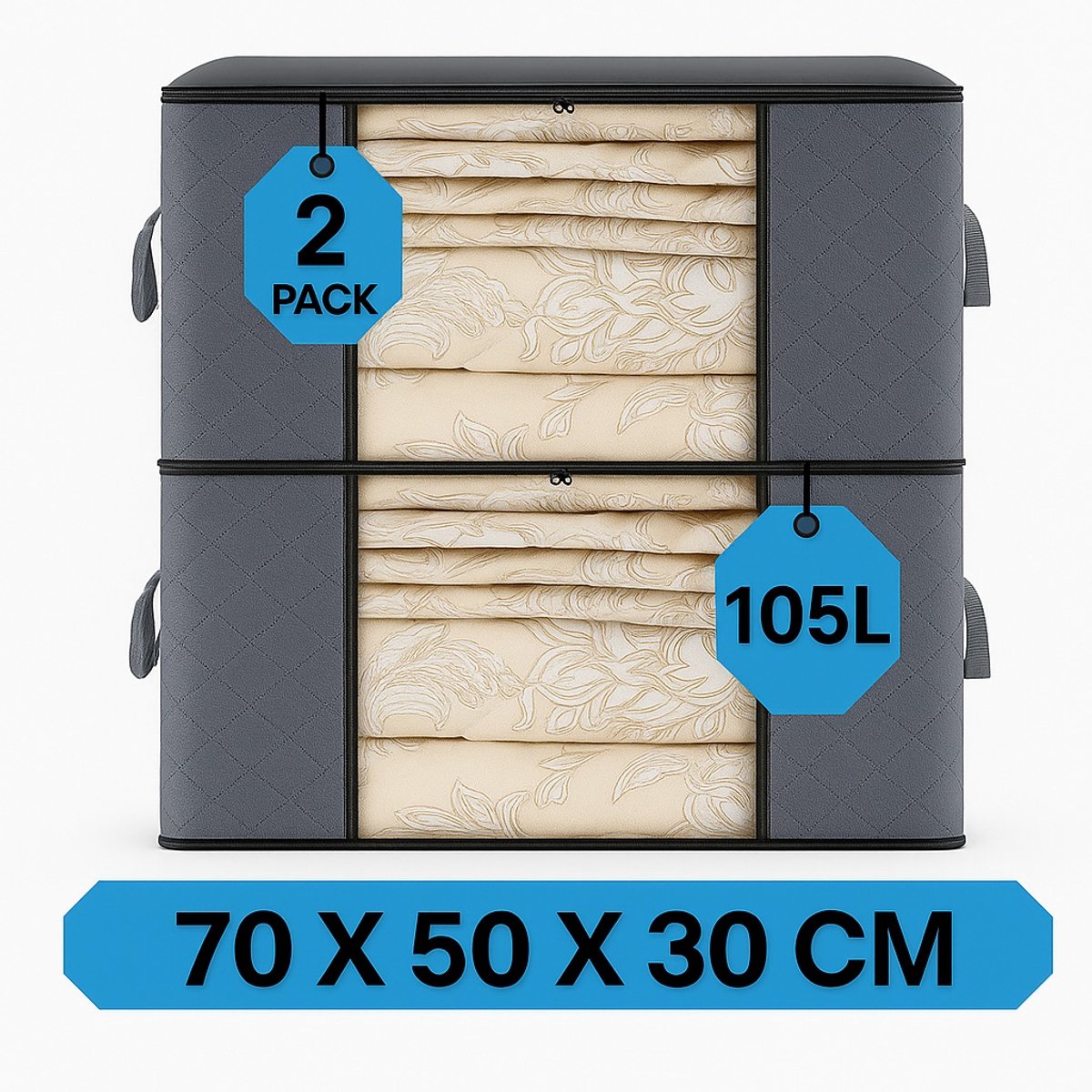MeubelsvanJoep 2 stuks grote opbergdozen 105 liter, opbergdoos met deksel, versterkte handgreep, kleding, opbergtas, kledingdoos, verhuisdozen voor kleding, jurken, beddengoed, grijs 2 zakken (Grijs)