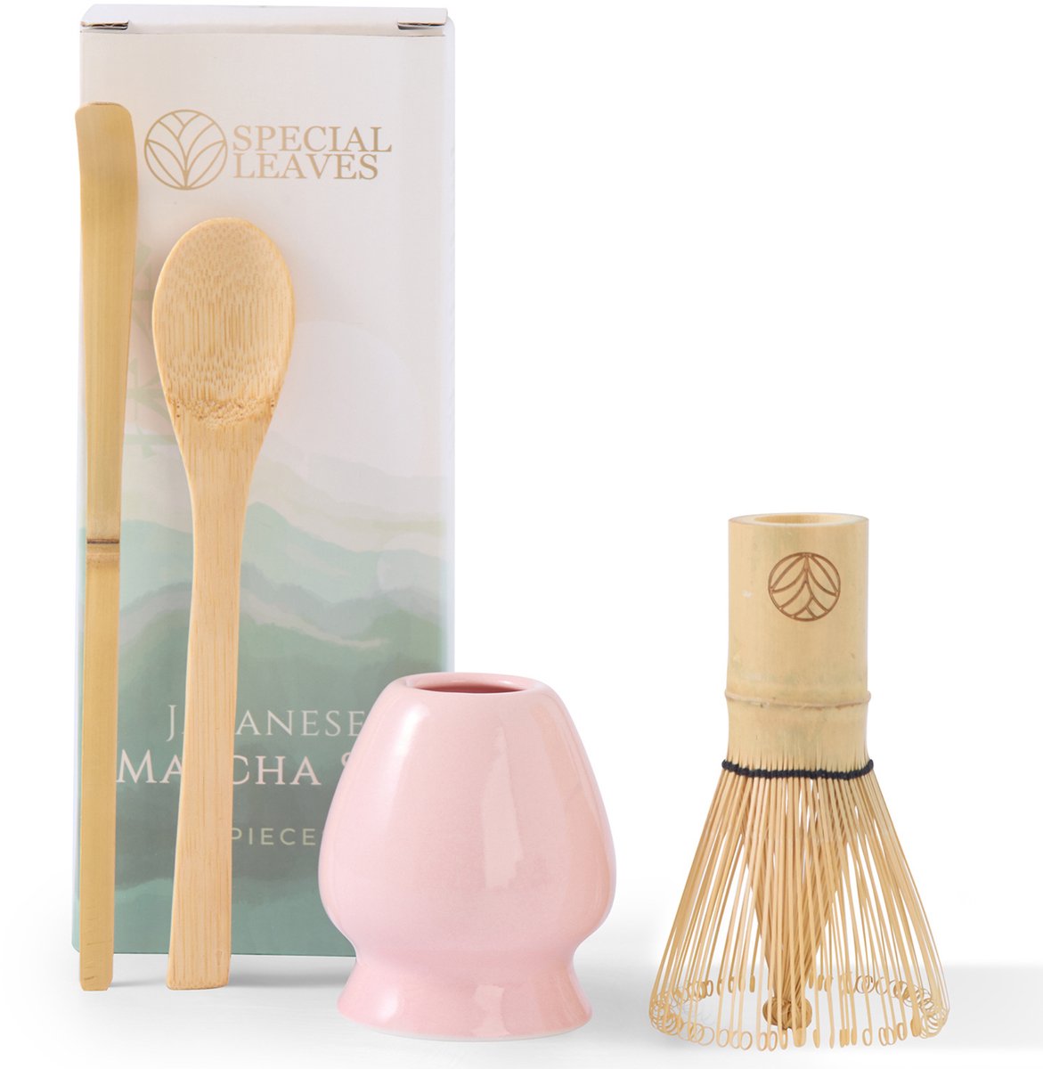 Special Leaves Matcha Set - Roze - 4-delig - Matcha Thee Set - Matcha Klopper, Lepel, Scoop & Klopperhouder - Origineel Cadeau