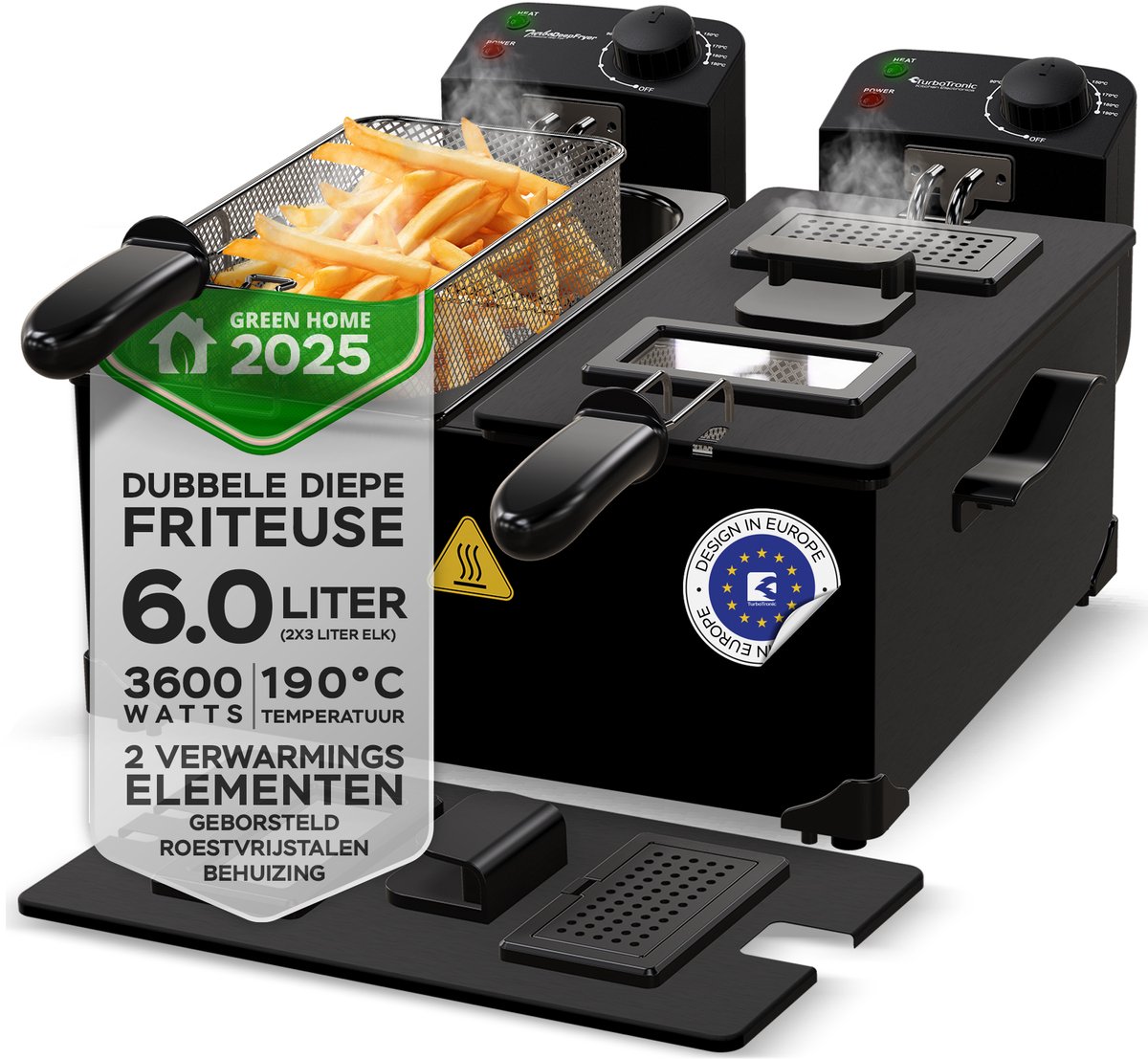 TurboTronic DF2 Friteuse 6 liter - Dubbele Frituurpan met venster en 2 mandjes