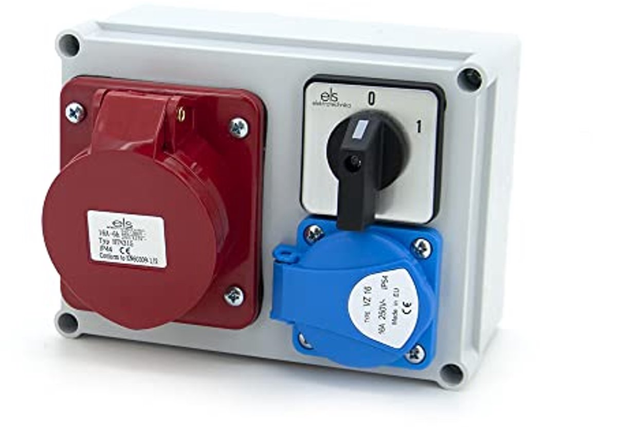 Bouwstroomverdeler wandverdeler met 0-1 schakelaar en Schuko 1 x 230 V + 1 x CEE 16 A + bedraad voor garage, werkplaats en fabriek