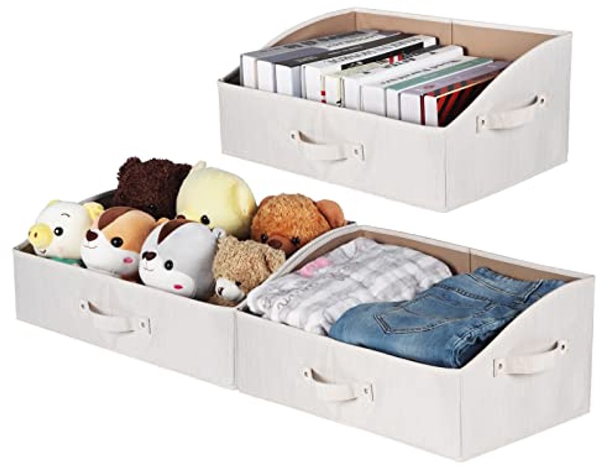 Trapeziumvormige opbergbakken voor kastplanken - Set van 3 - Beige Bamboestof en MDF