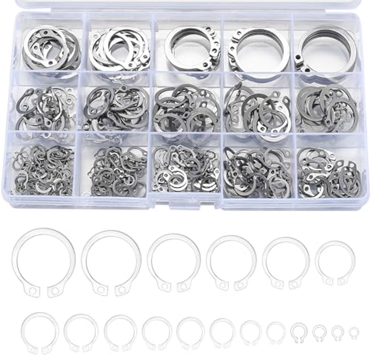 Assortiment van 408 Roestvrij Stalen Borgringen – E-Clips, C-Clips en Interne Ringen in 18 Maten