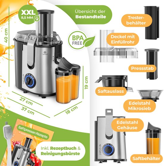KESSER® Slowjuicer - Sapcentrifuge voor Fruit en Groenten 1100W Sap Juicer met 2000ml Pulpcontainer en 1000ml sapreservoir - Zilver / Zilver — afbeelding 5