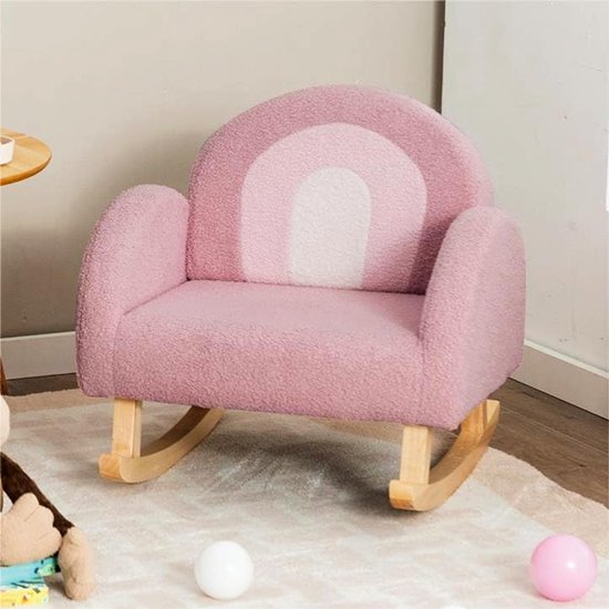 Kinder Schommelstoel - Teddy Fluweel Zachte Zitbank met Massief Houten Poten - Roze Kindermeubel voor Slaapkamer van Merkloos — afbeelding 5