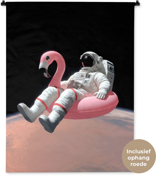 Wandkleed 90x120 cm - Wanddoek Astronaut - Flamingo - Zwemband - Roze - Wandtapijt - Wandkleden