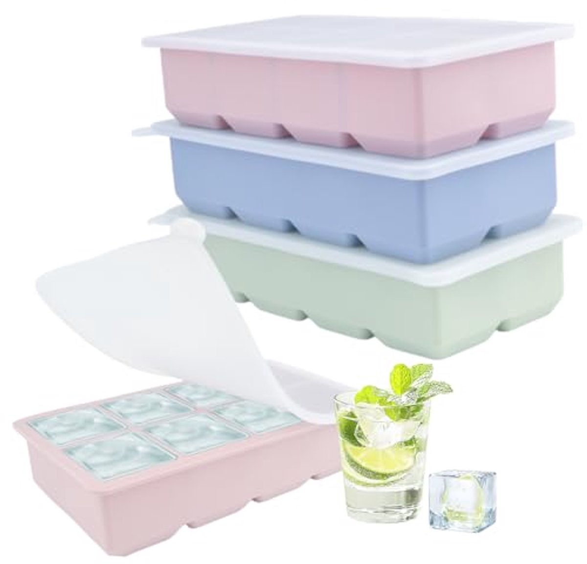 Set van 3 herbruikbare siliconen ijsblokjeshouders in pastelkleuren