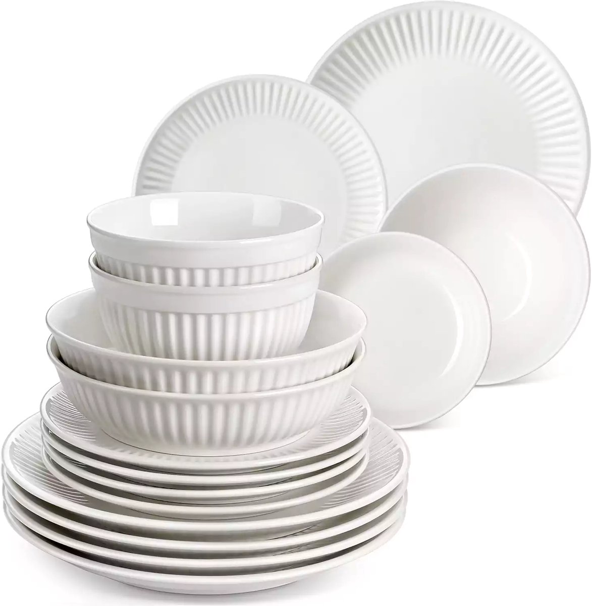 Serviesset - 4 Persoons Servies - Porselein - Diner- en Dessertborden - Ontbijt- en Soepkommen - 16-delige Set - Ivoorwit