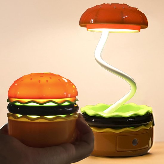 Multifunctionele Hamburger Bureaulamp - 3-in-1 Bureau-/Bedlamp voor Studeren, Slapen en Opbergen - Met Puntenslijper - USB Opladen - Zacht Licht met 360° Hoekverstelling