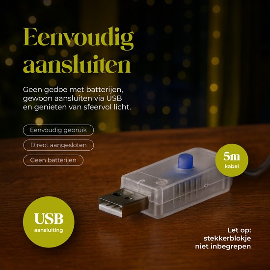 Warm wit LED lichtgordijn eenvoudig aan te sluiten via USB.