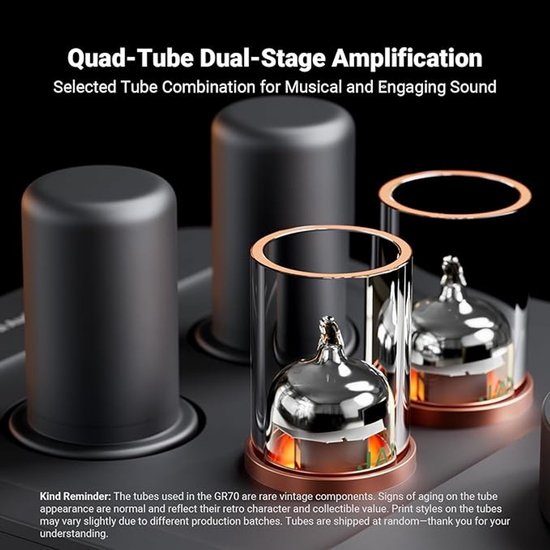Fosi Audio GR70 - Buizen Hoofdtelefoonversterker & Voorversterker - HiFi Buizenversterker - 16–300Ω - Instelbare Bas & Treble - Compact Aluminium Ontwerp — afbeelding 4