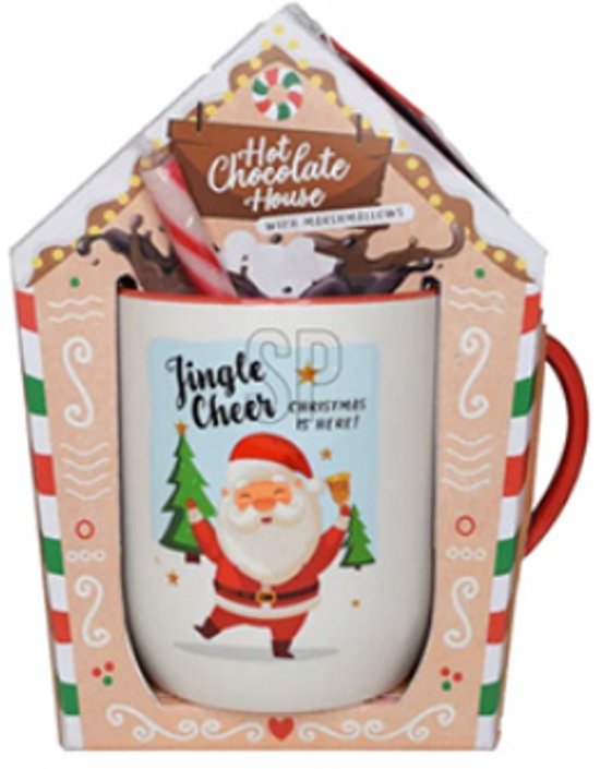 Coffret cadeau de Noël – 4 pièces – Happy fêtes – Tasse de Noël de Luxe avec mélange de chocolat chaud – Canne en Candy et Mini– Guimauve – Tasse de Noël imprimée avec chocolat chaud