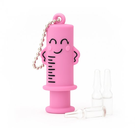 Roze ampullenbreker met lachend gezichtje en zilveren ketting, naast twee ampullen.