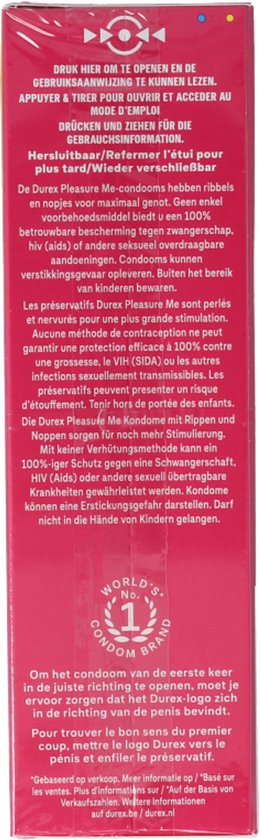 Achterkant van de Durex Pleasure Me verpakking met informatie en "World's No. 1 Condom Brand".