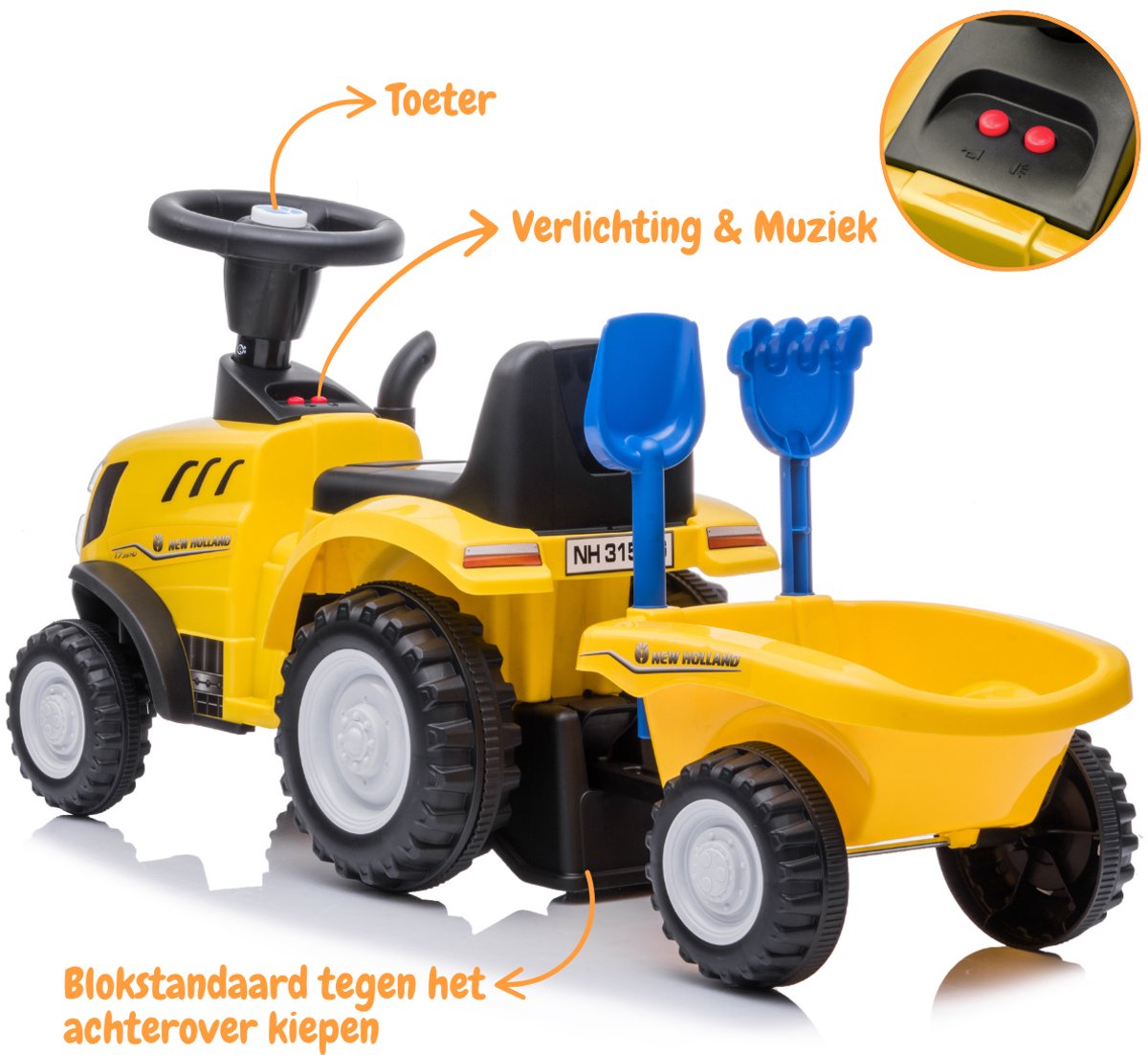 New Holland Loopauto Tractor Met Aanhanger Geel - Hoogwaardige afwerking - Inclusief opbergruimte - Stevige rugleuning