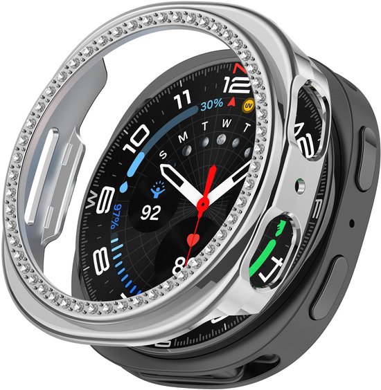 Zilverkleurige smartwatch case met diamantjes, om een horloge met zwarte wijzerplaat.