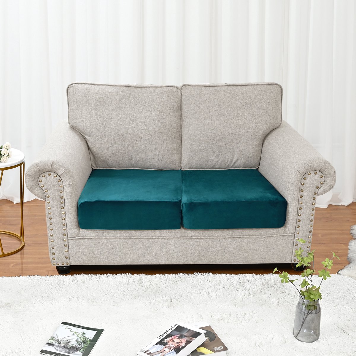 Qelus Blauw Fluweelen Zitkussenhoes Stretch 115-120x60-90cm voor 2 zitsbank - Rekbare Bankbeschermer tegen Vlekken & Mijt - Snel om te leggen