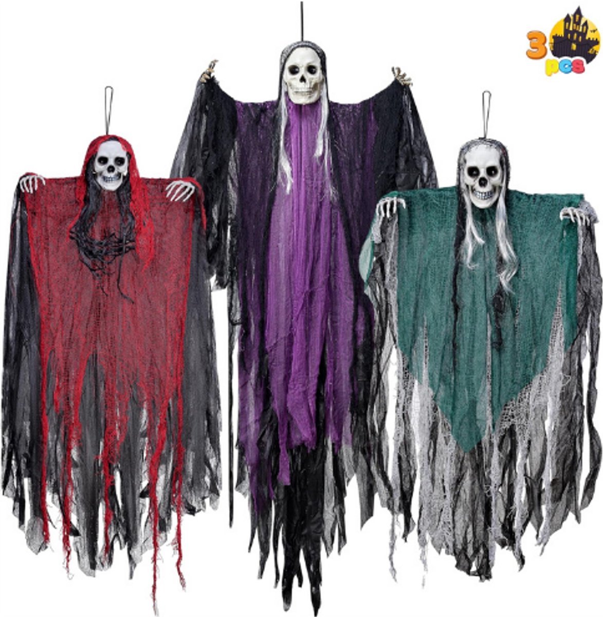 Thuys – 3 Stuks Halloween Skeleton Sensor Decoratie – Hangende Skeletten 134 cm – En 2x 80 cm