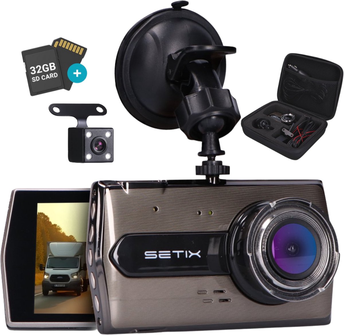 Setix Dashcam Go - Voor en Achter Camera – Inclusief 32GB SD kaart - Full HD 1080P Resolutie – Met Opbergcase tegen Diefstal - Nachtzicht – Plug & Play - Parkeermodus - 170 Graden Kijkhoek – Loop Recording – 2026 Auto Camera
