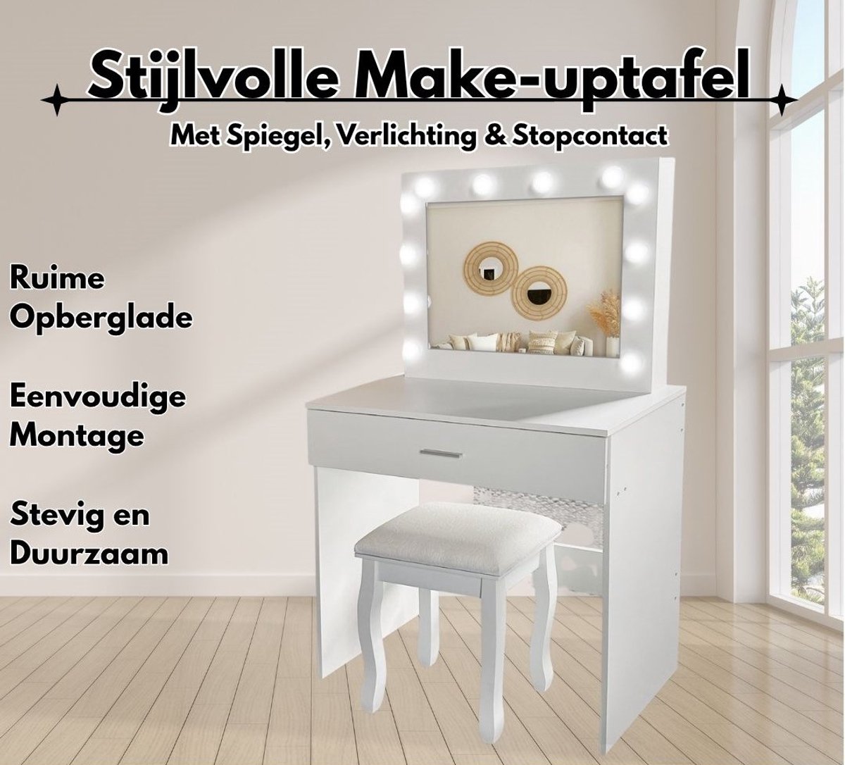 Lexorion Make-up Tafel met LED Spiegel – Elegante Witte Kaptafel met Opberglade en Comfortabele Zit