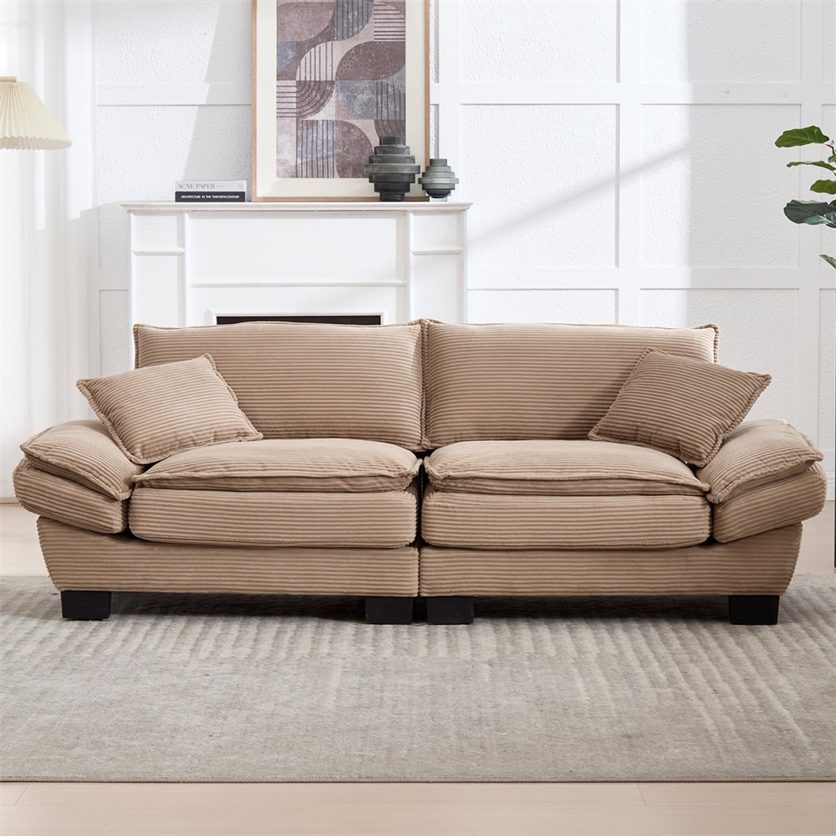 YEHTOKHOME 2-Zits Bank - Comfortabel Gestoffeerde bank met armleuning - Tweepersoonsbank met 2 lendenkussens - Minimalistische stijl - Velvet - Khaki