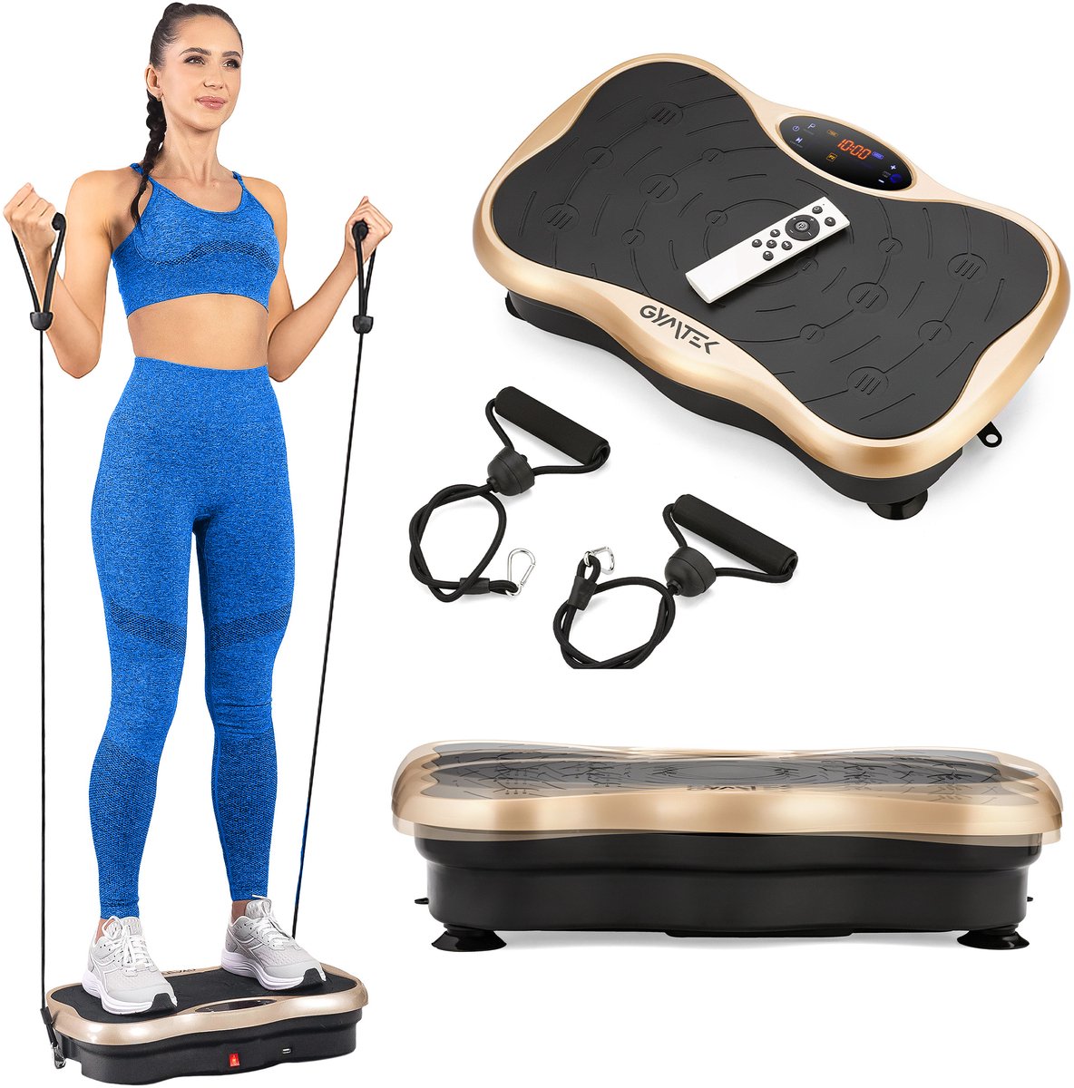 Gymtek® Trilplaat XP500 - tot 180kg - 5 Trainingsprogramma's, 99 Niveaus - 2 Uitbreidingsbanden - Bluetooth, Afstandsbediening, LCD, Luidspreker