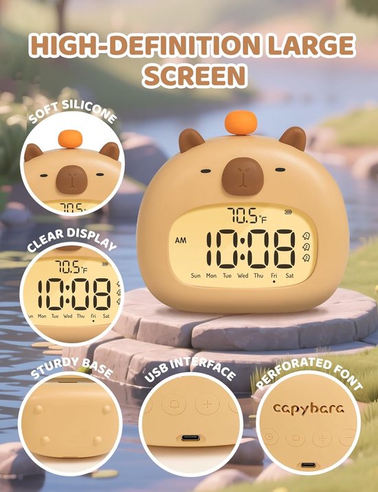 Kinderwekker met nachtlampje, oplaadbaar, luide wekker, schattige kawaii digitale wekker voor de slaapkamer, snoozefunctie, 3 alarmen — afbeelding 2