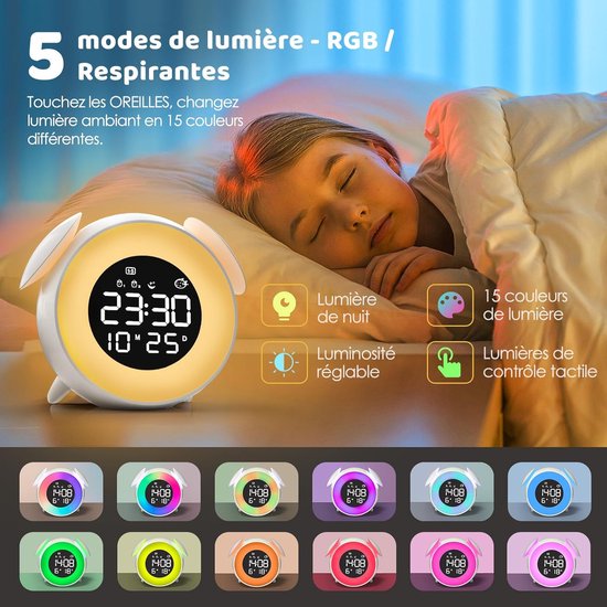 Kinderwekker, educatieve dag-/nachtwekker voor kinderen met 15-kleuren nachtlampje, snoozefunctie, 2 alarmen, weekdag-/weekendmodus, digitale wekker voor meisjes en jongens — afbeelding 4