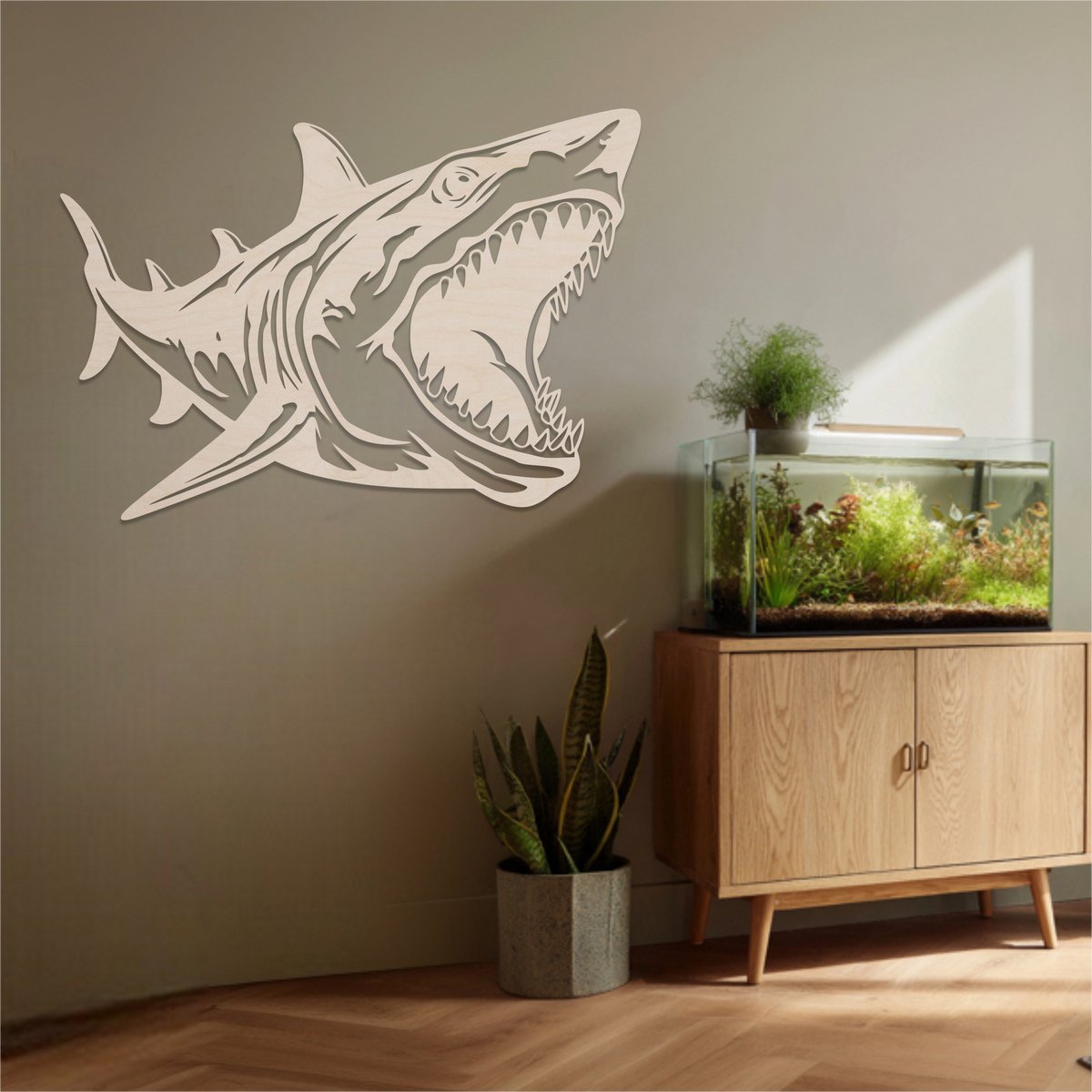 Shark attack – wanddecoratie – Laser gesneden – multiplex berken – 60x40cm - Moderne Muurdecoratie