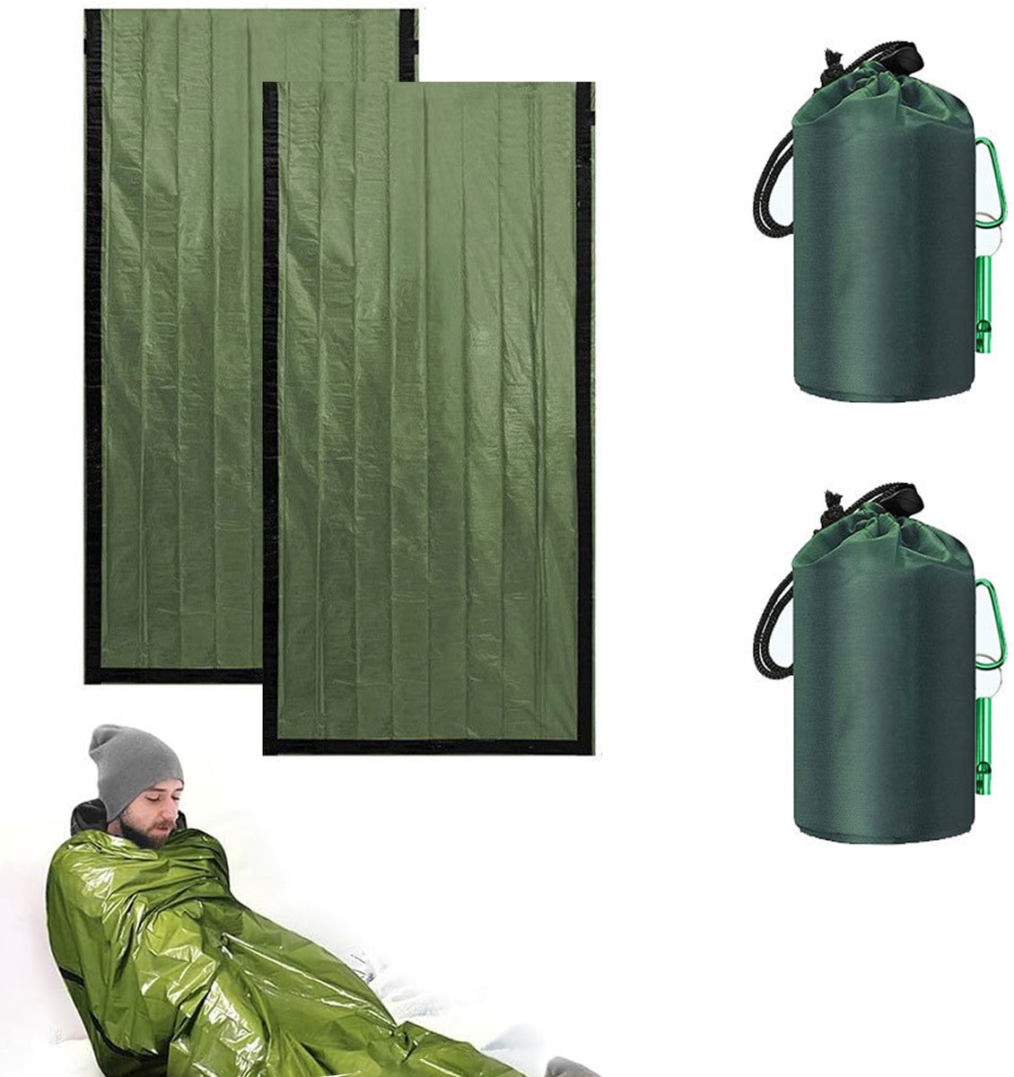 2-Stuks Noodslaapzak, ultralichte waterdichte thermische bivakzakhoes, 210x90cm noodonderkomen overlevingskit voor kamperen, wandelen, buiten- en reisuitrusting Survivalkit,met fluitje en karabijnhaak - Cyslmuk®