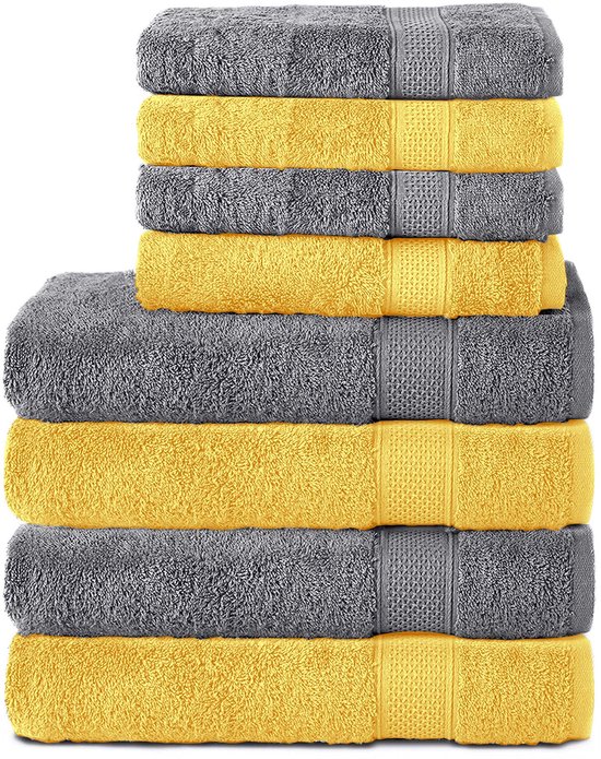 Komfortec Handdoekenset – Set van 8 - 4x Handdoek 50x100 cm en 4x Badhanddoek 70x140 cm - 100% Katoen - Antraciet&Geel