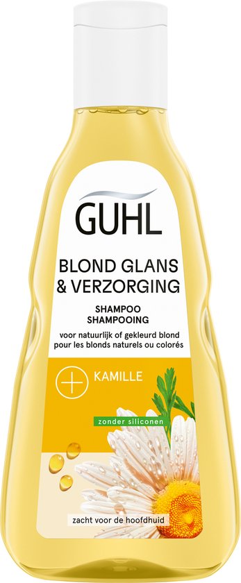 Guhl BLOND GLANS & VERZORGING shampoo in doorzichtige fles met witte dop. Etiket met kamille bloemen en waterdruppels.