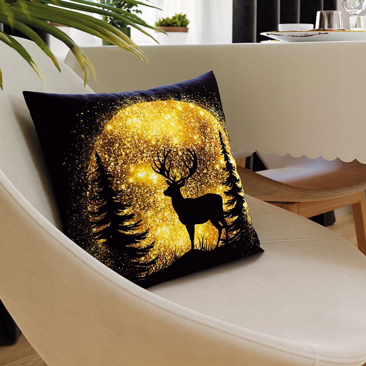 Kerst Kussenhoes 40x40cm Zwart met Glitter Herten - Velvet