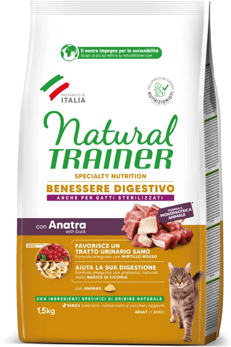 Natural trainer Natural Trainer Sensitive Glutenvrij Eend 1,5 kg - Kattenvoer voor katten vanaf 1 jaar met een gevoelig spijsverteringsstelsel