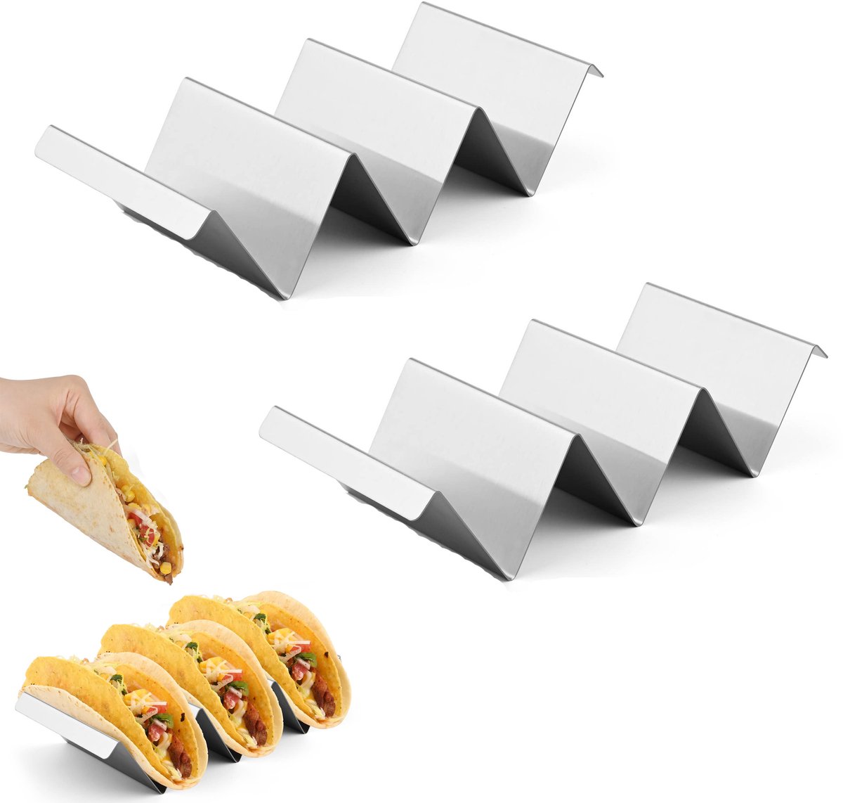 2-stuks Tortillarek van roestvrij staal - Tacorek van roestvrij staal - Geschikt voor 3 tortilla's - Houdt tortilla's netjes - Ovenbestendig - Afwasbaar en vaatwasserbestendig - Perfect voor het maken van tortilla's - Zilver